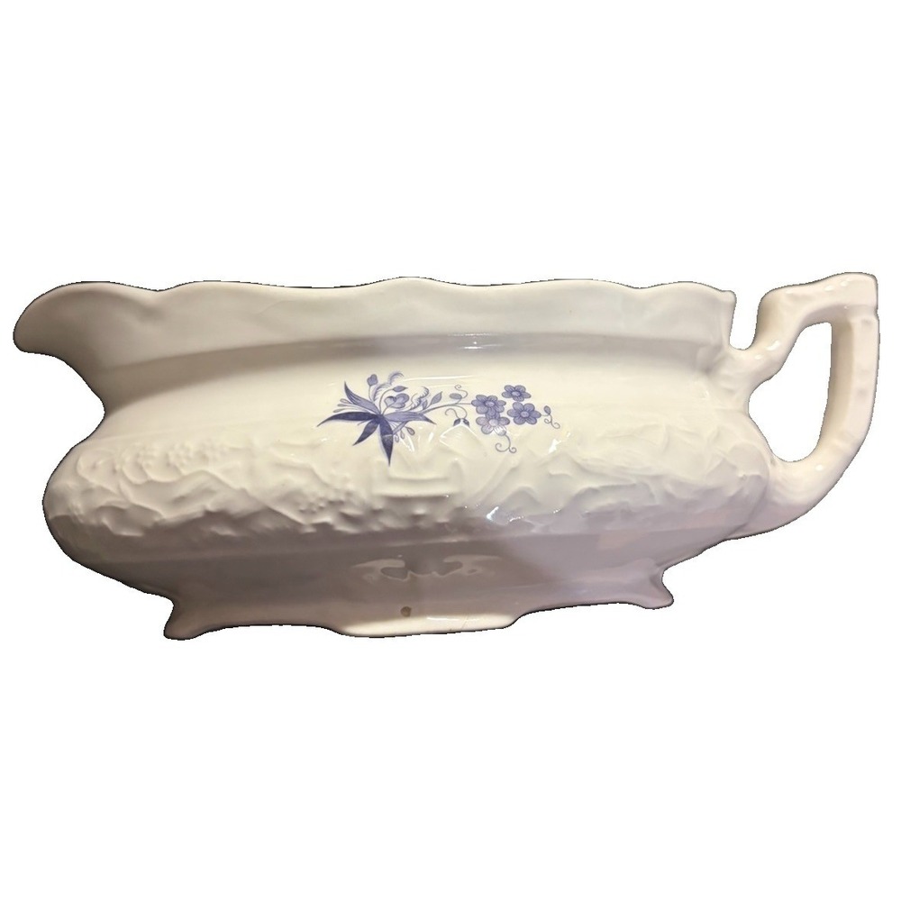 Vtg White Embossed Porcelain Gravy Boat Blue Floral Footed Unmarked Farmhouse